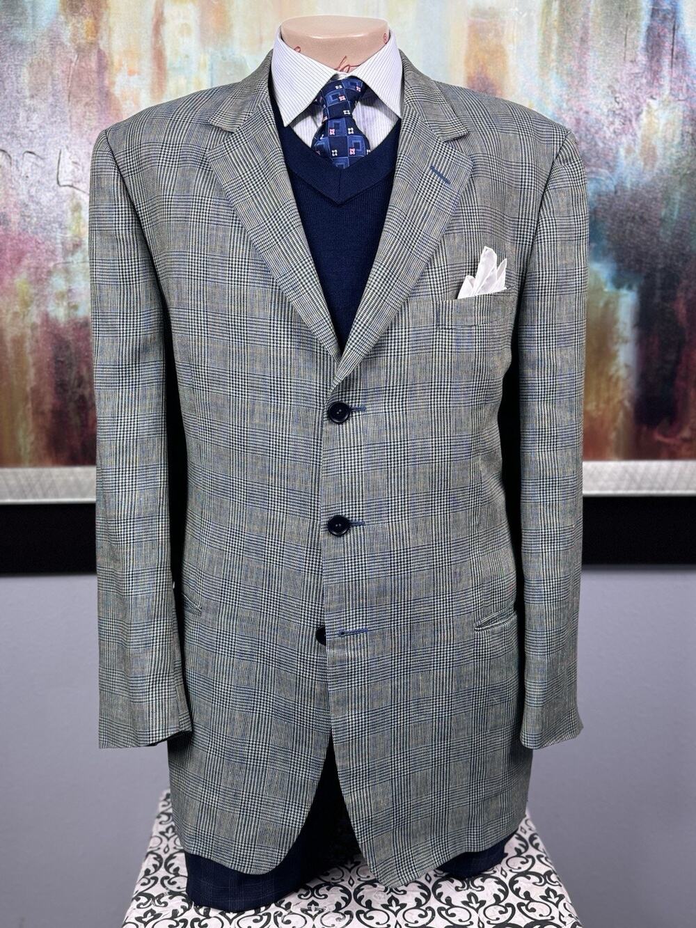 Ermenegildo Zegna Soft Blue Tan Glen Plaid Linen Wool Mohair Sport Coat 46R 56IT